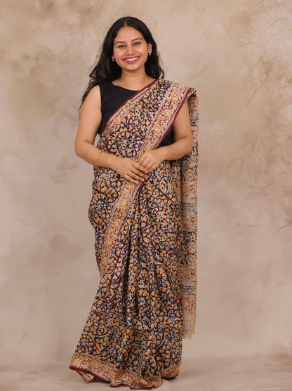 Maroon Hand Block Printed Kalamkari Chennur Silk Saree