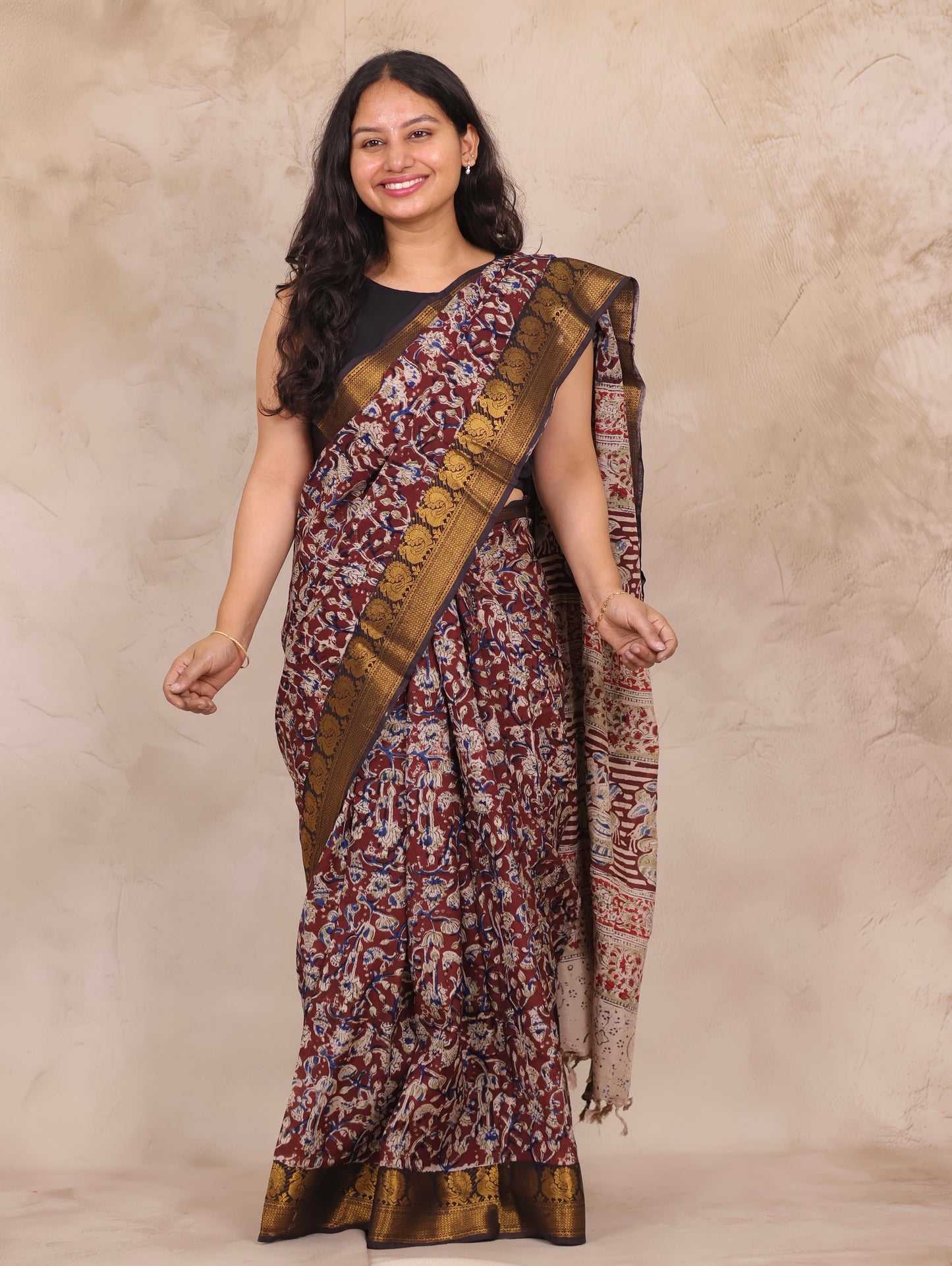 Maroon Hand Block Printed Kalamkari Kanchi Border Chennur Silk Saree