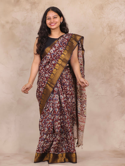 Maroon Hand Block Printed Kalamkari Kanchi Border Chennur Silk Saree