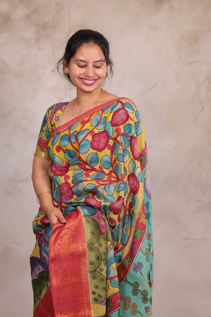 Hand Drawn Pen Kalamkari Yellow And Red's pink Bangalore Silk Kanchi Border Saree