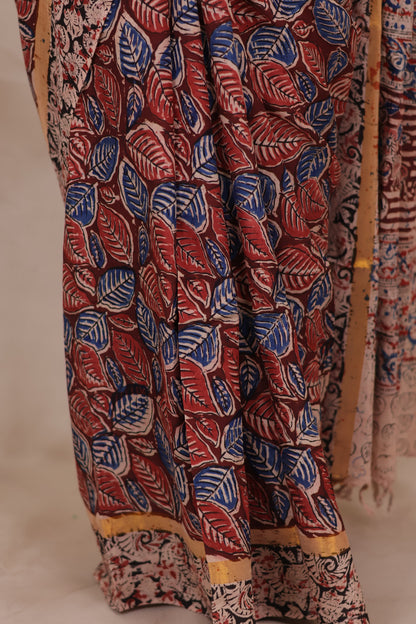 Red Hand Block Printed Kalamkari Chennur Silk Saree