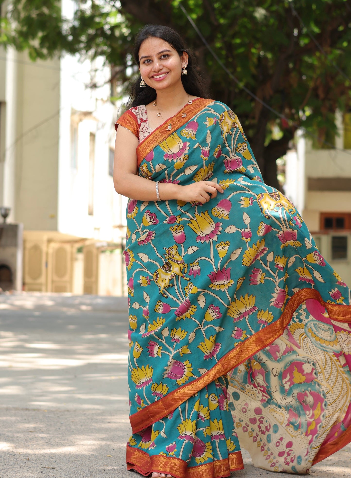 Teal Lotus Hand Block Printed Kalamkari Nizam Border Chennur Silk Saree