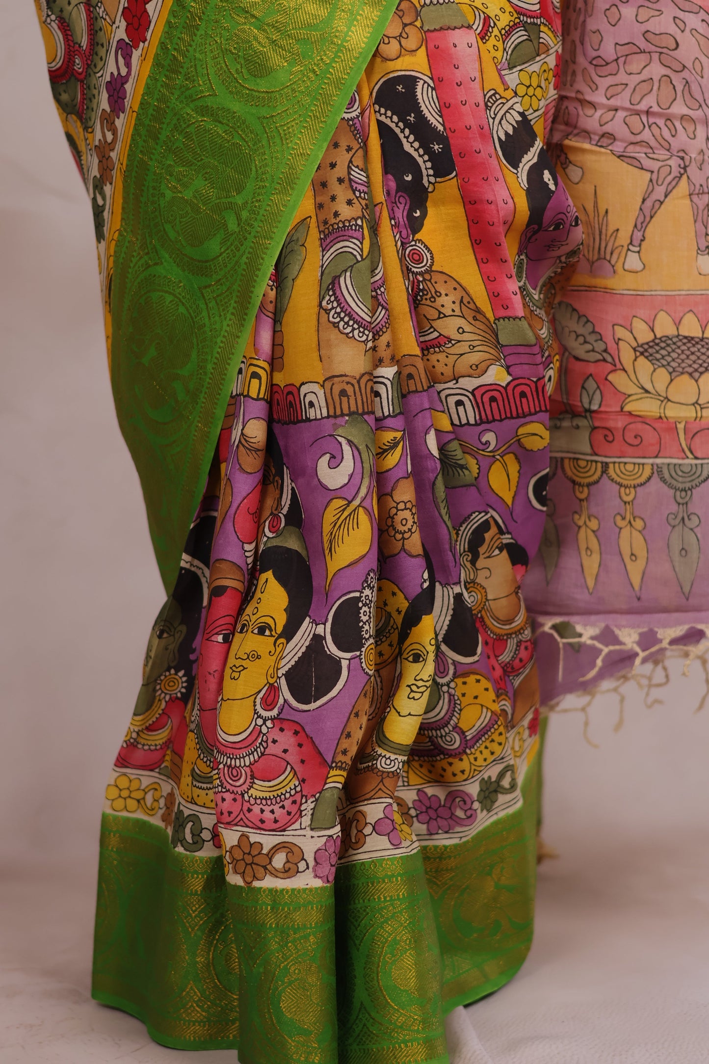 Hand Drawn Pen Kalamkari Lavender And Green Bangalore Silk Kanchi Border Saree