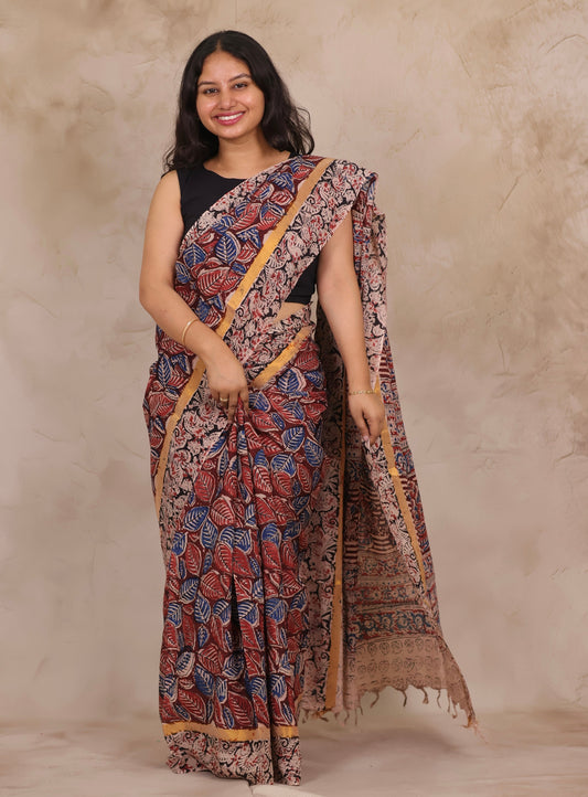 Red Hand Block Printed Kalamkari Chennur Silk Saree