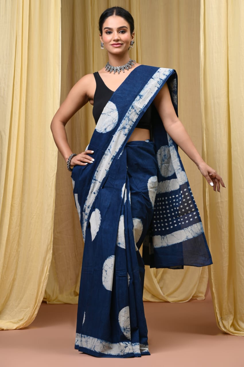 Premium Mul Cotton Hand Block Printed Saree With Blouse Piece