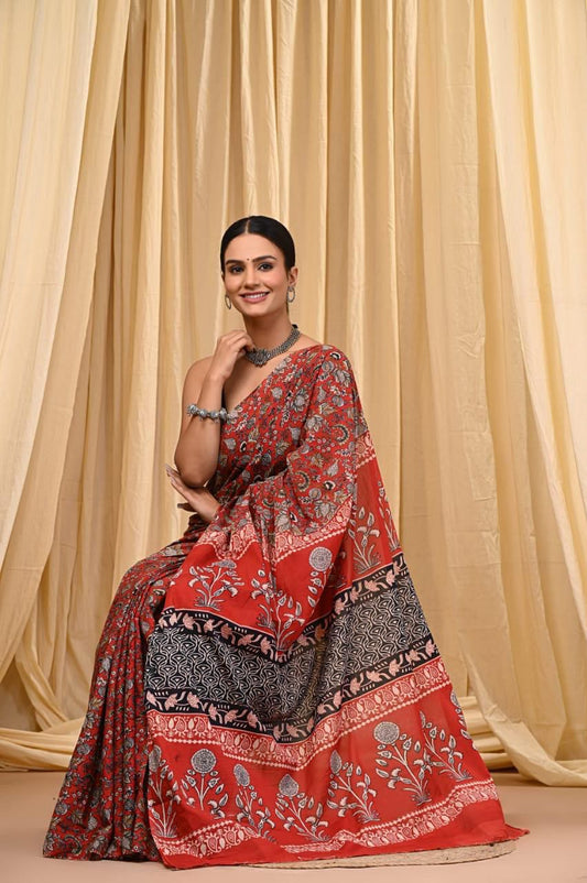 Premium Mul Cotton Hand Block Printed Saree With Blouse Piece
