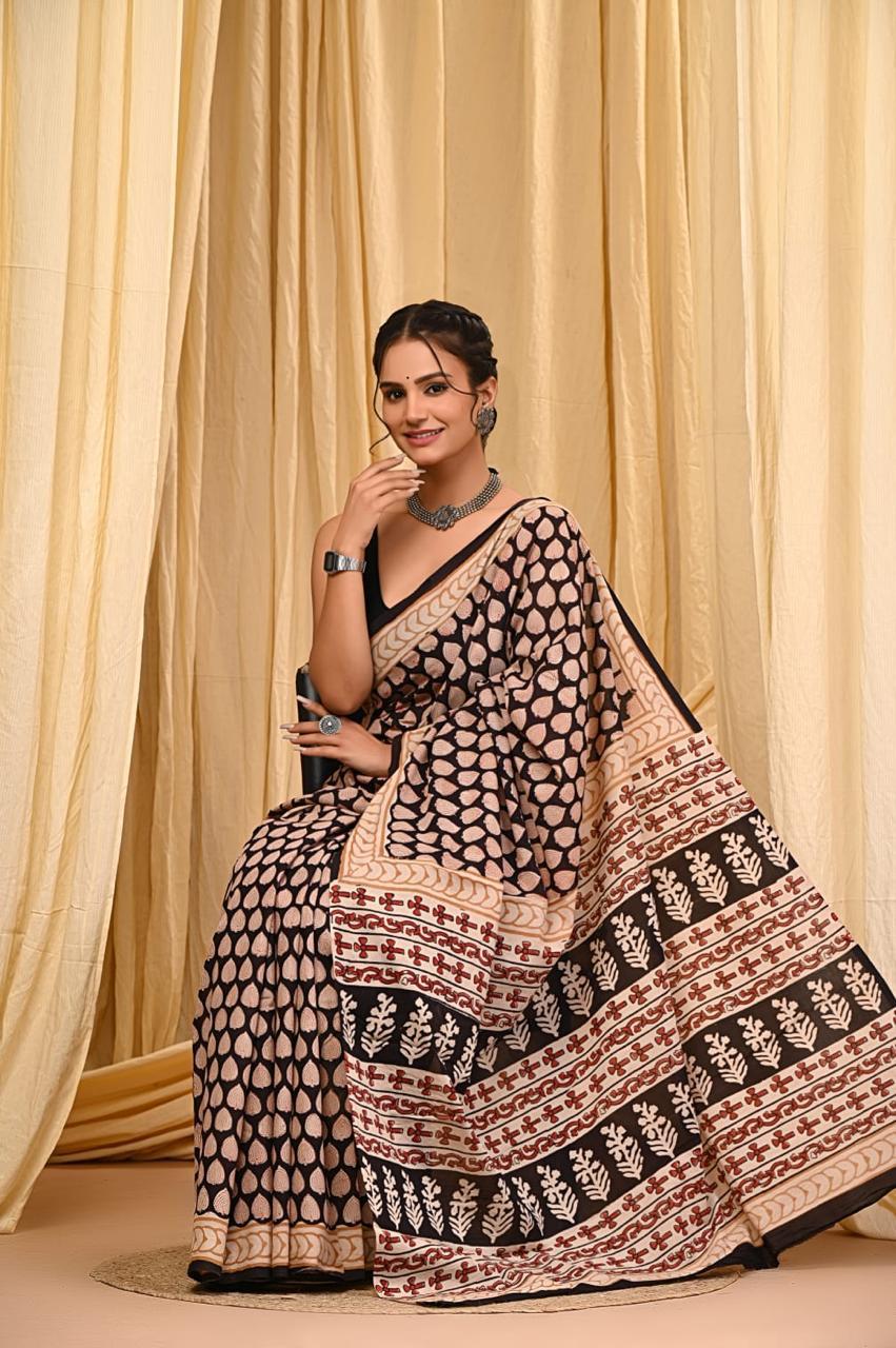 Premium Mul Cotton Hand Block Printed Saree With Blouse Piece