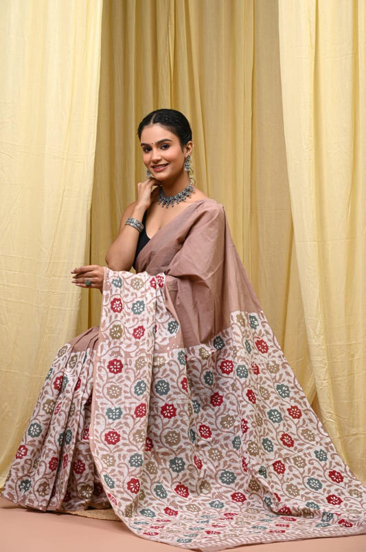 Premium Mul Cotton Hand Block Printed Saree With Blouse Piece