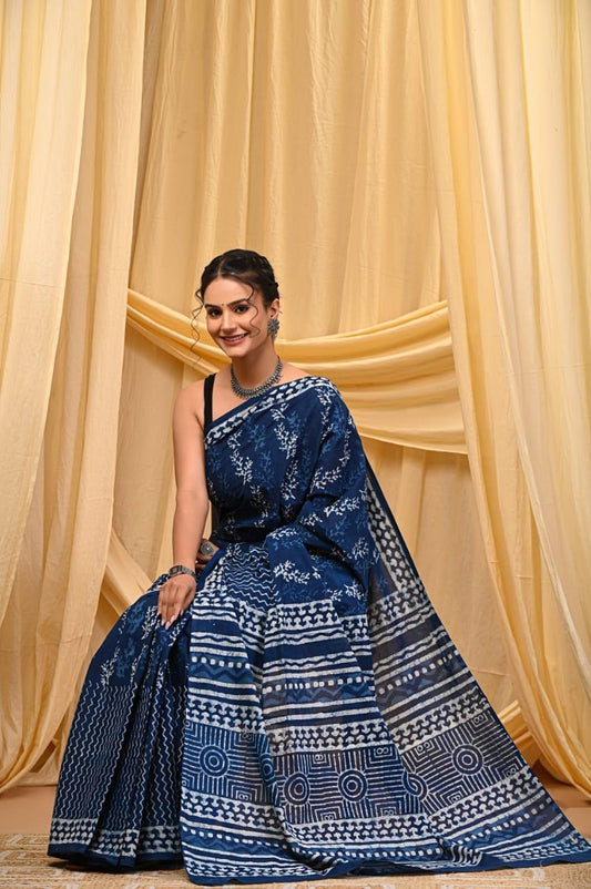 Premium Mul Cotton Hand Block Printed Saree With Blouse Piece