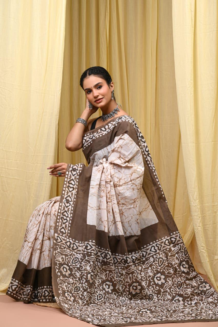 Premium Mul Cotton Hand Block Printed Saree With Blouse Piece