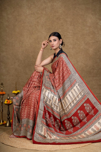 Red Buti Bagh Hand Block Printed Modal Silk Saree