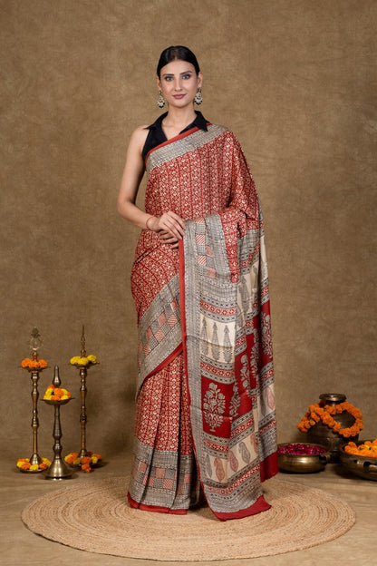 Red Buti Bagh Hand Block Printed Modal Silk Saree