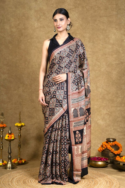 Black & Rust Bagh Hand Block Printed Modal Silk Saree