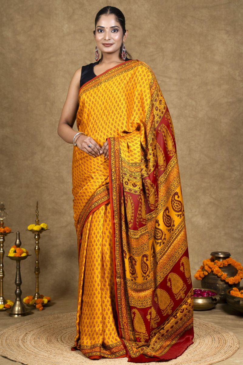 Yellow Buti Bagh Hand Block Printed Modal Silk Saree