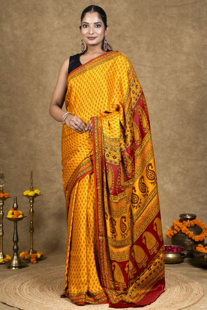 Yellow Buti Bagh Hand Block Printed Modal Silk Saree