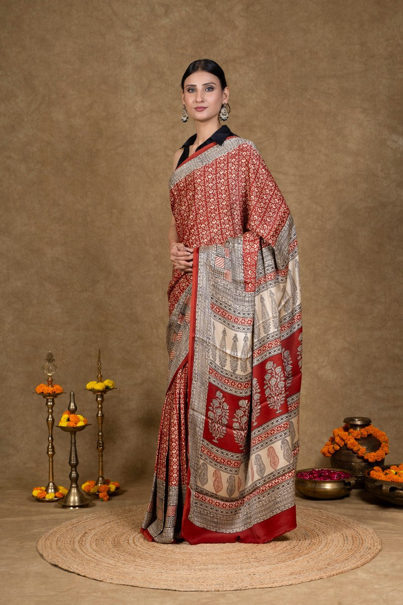 Red Buti Bagh Hand Block Printed Modal Silk Saree