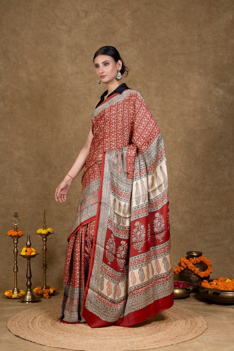 Red Buti Bagh Hand Block Printed Modal Silk Saree