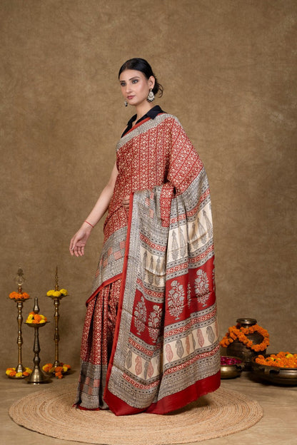 Red Buti Bagh Hand Block Printed Modal Silk Saree