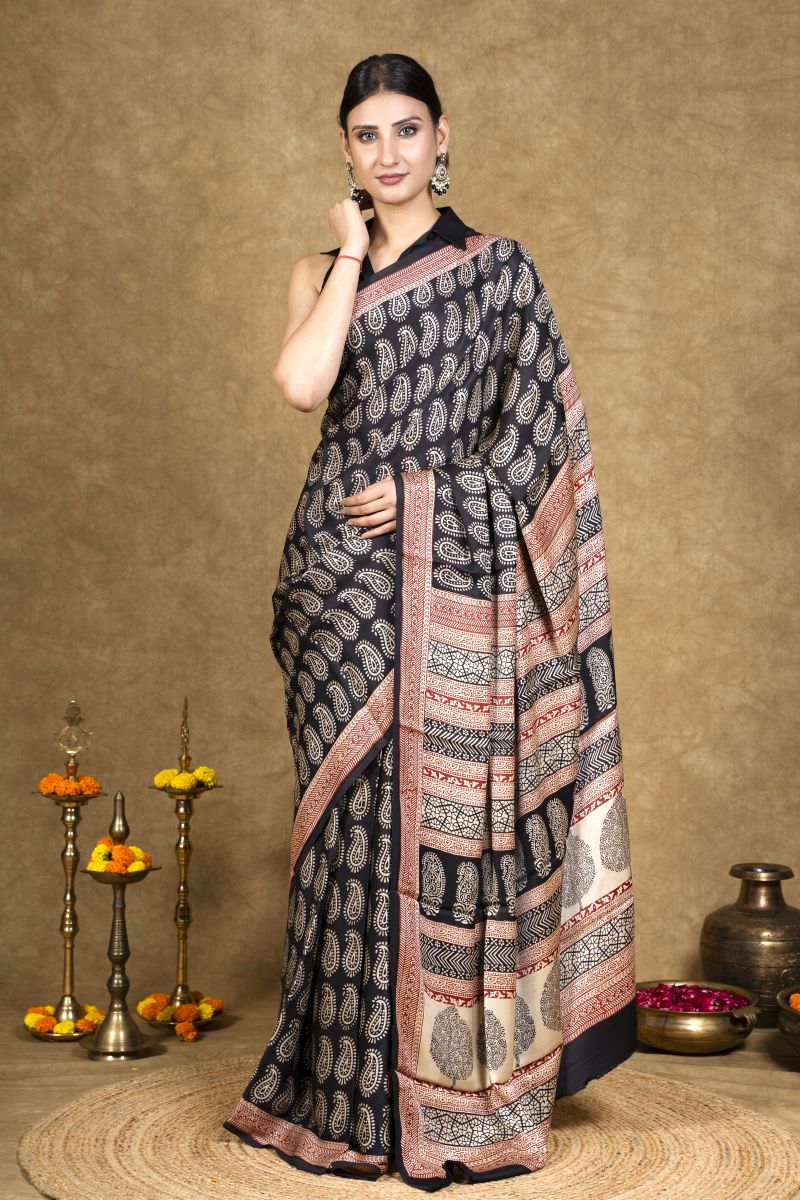 Black Paisley Bagh Hand Block Printed Modal Silk Saree