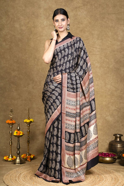 Black Paisley Bagh Hand Block Printed Modal Silk Saree