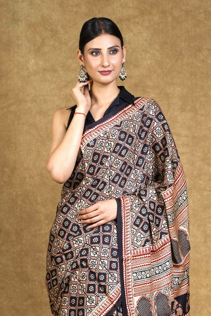 Black & Rust Bagh Hand Block Printed Modal Silk Saree