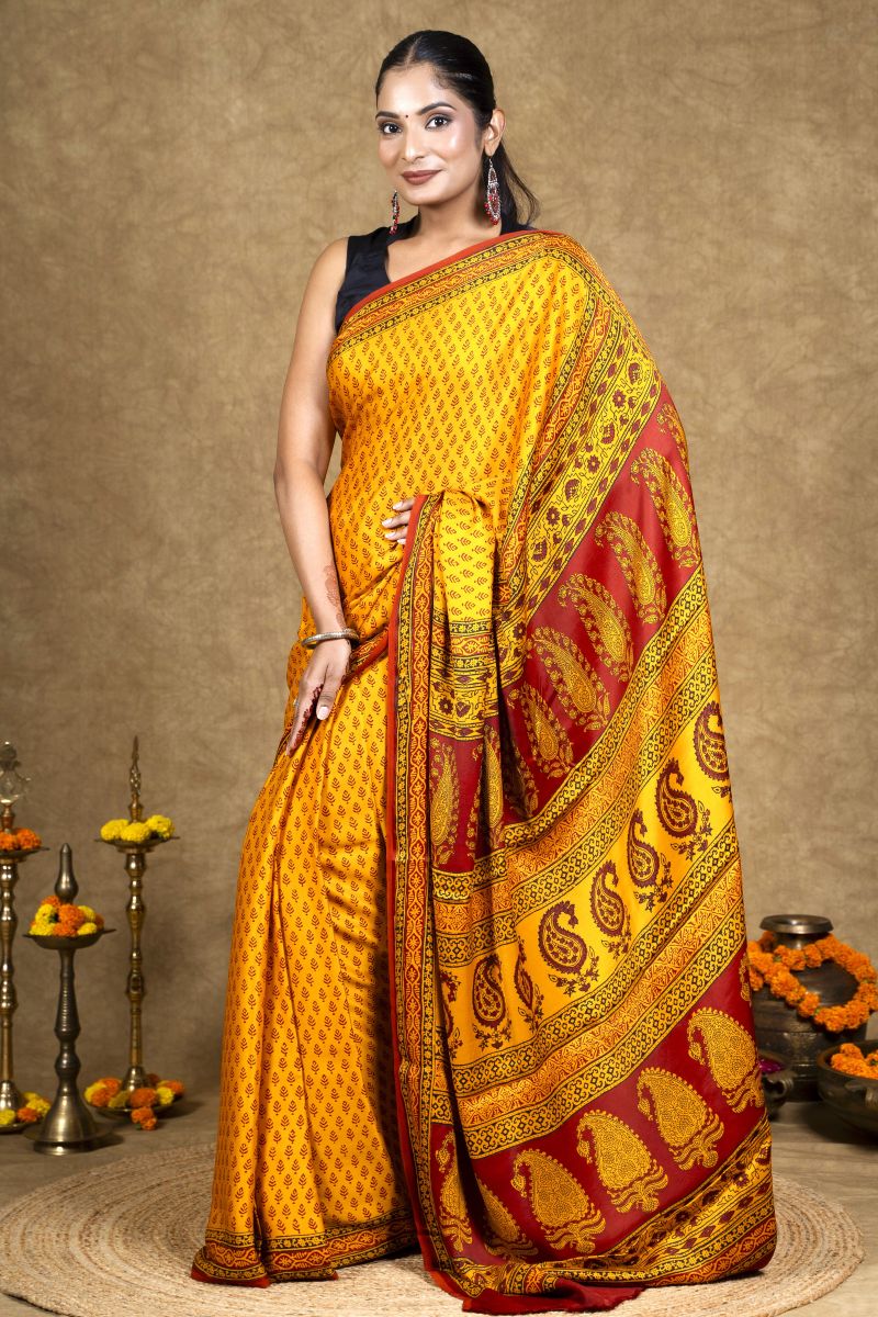 Yellow Buti Bagh Hand Block Printed Modal Silk Saree