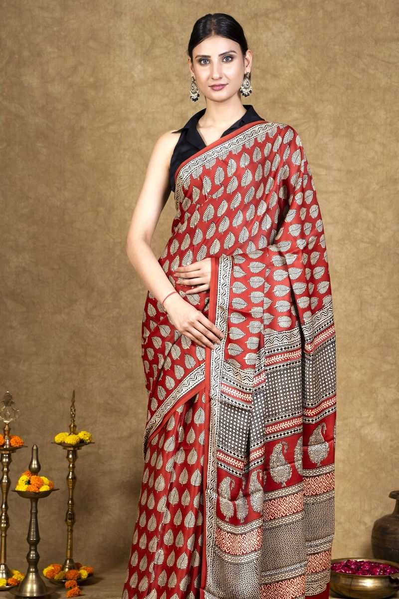 Red Leaf Bagh Hand Block Printed Modal Silk Saree