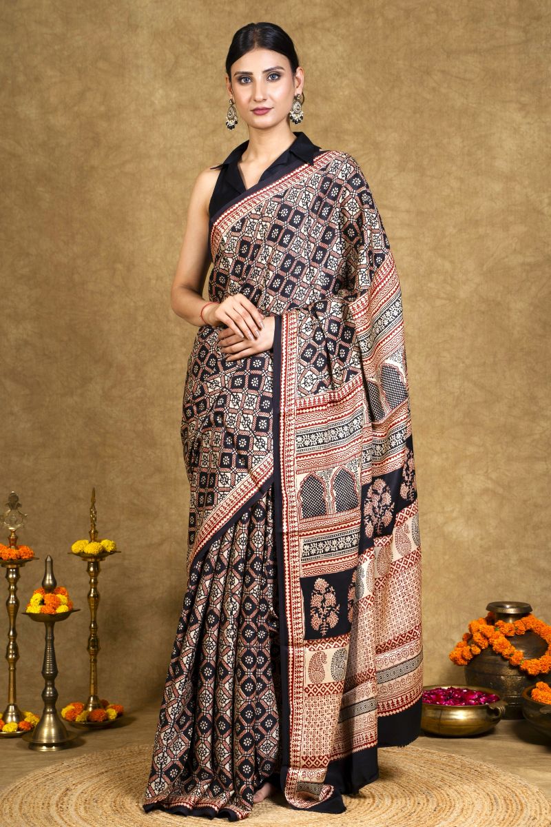 Black & Rust Bagh Hand Block Printed Modal Silk Saree