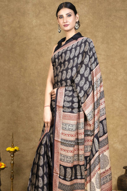 Black Paisley Bagh Hand Block Printed Modal Silk Saree
