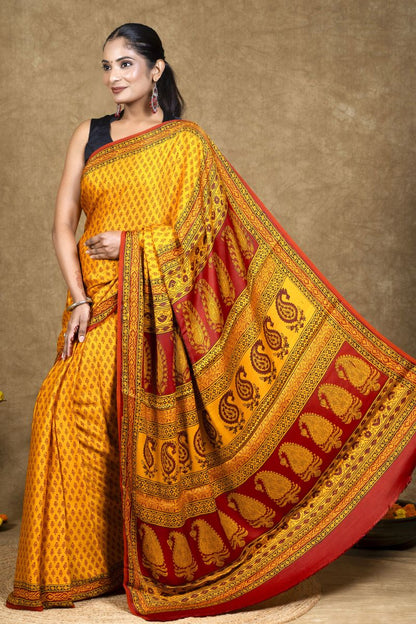Yellow Buti Bagh Hand Block Printed Modal Silk Saree