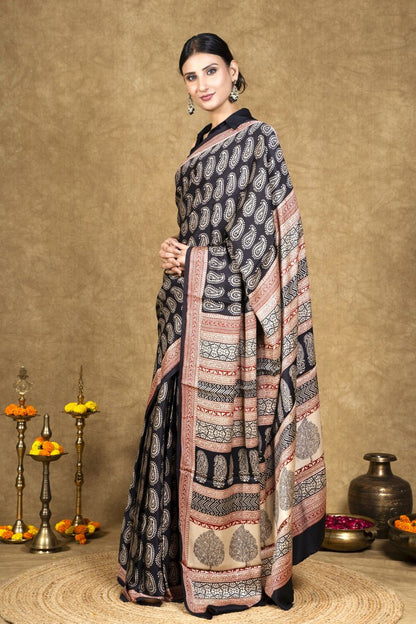 Black Paisley Bagh Hand Block Printed Modal Silk Saree