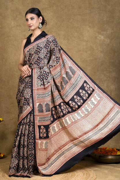 Black & Rust Bagh Hand Block Printed Modal Silk Saree