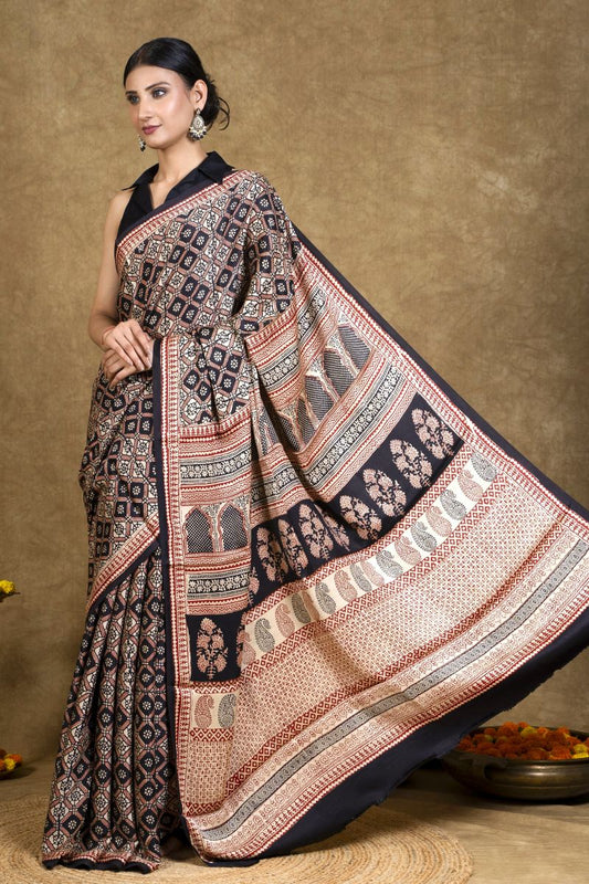 Black & Rust Bagh Hand Block Printed Modal Silk Saree