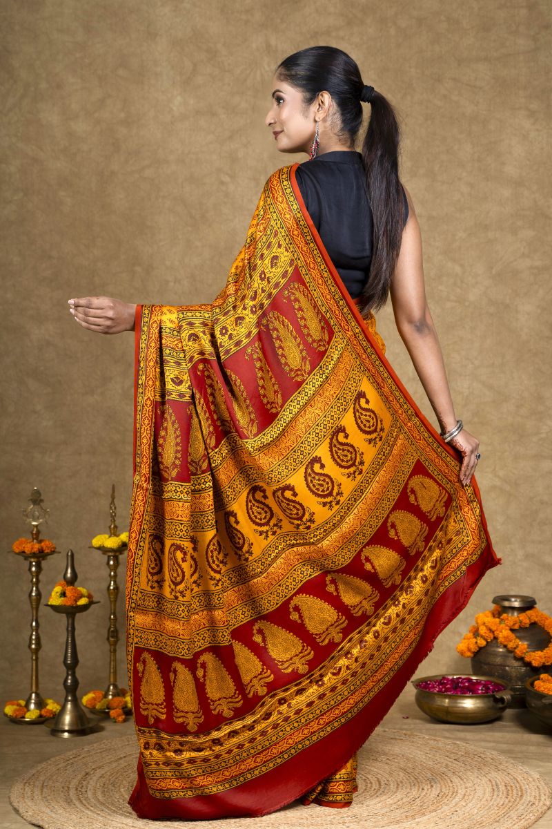 Yellow Buti Bagh Hand Block Printed Modal Silk Saree
