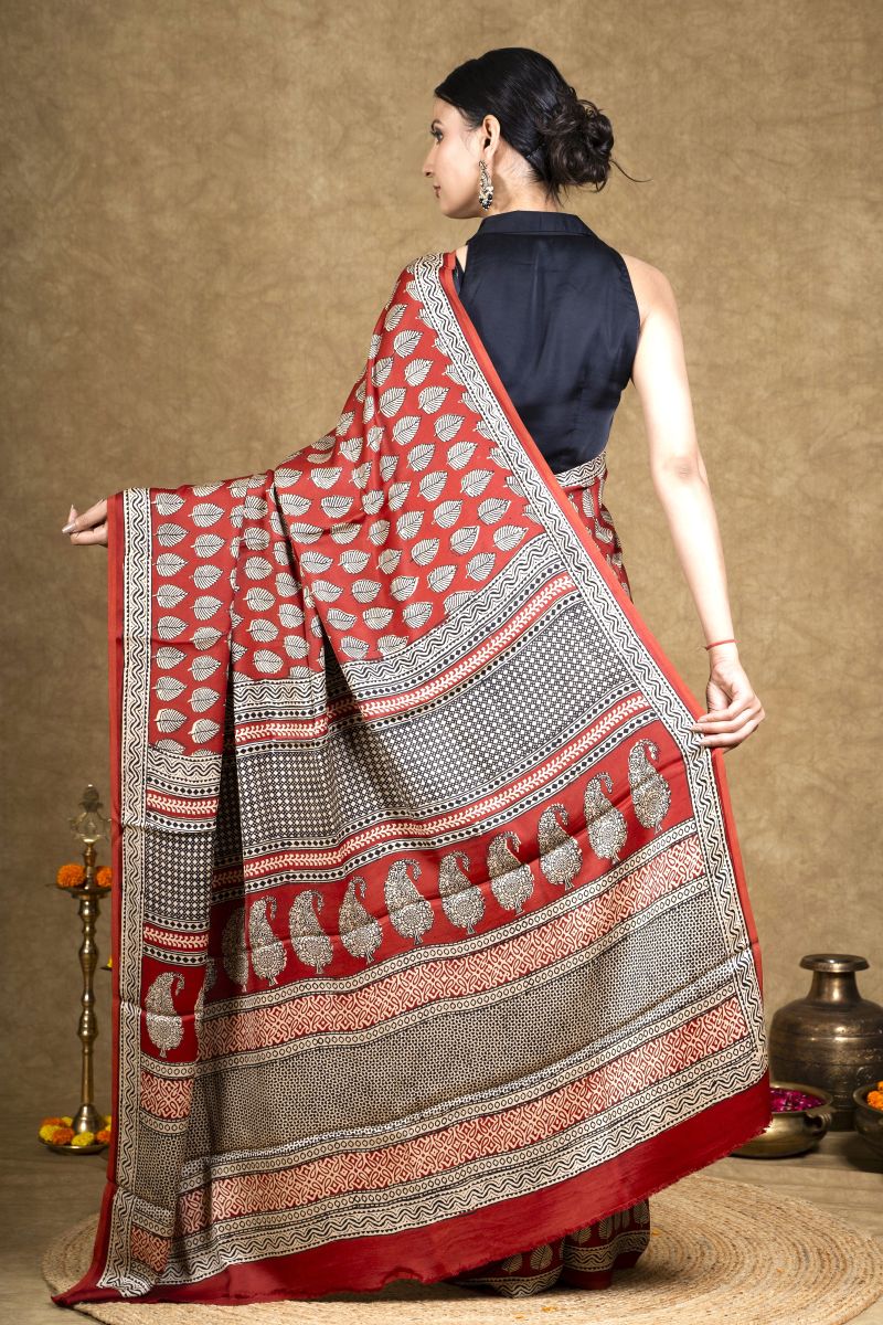 Red Leaf Bagh Hand Block Printed Modal Silk Saree