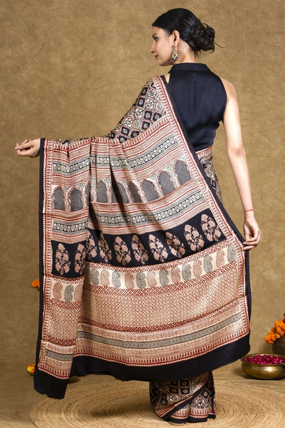 Black & Rust Bagh Hand Block Printed Modal Silk Saree
