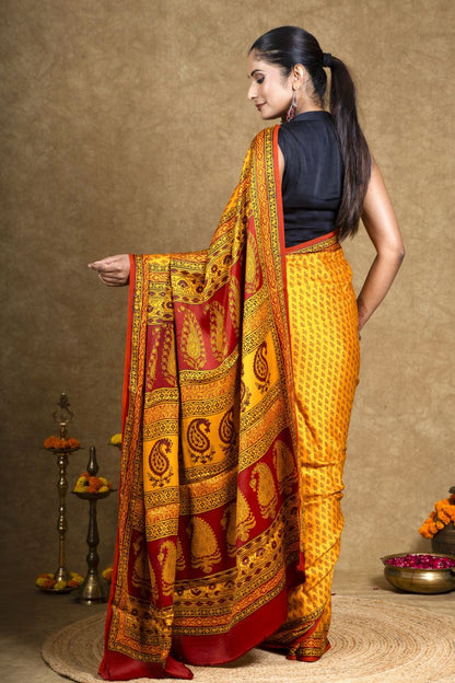 Yellow Buti Bagh Hand Block Printed Modal Silk Saree