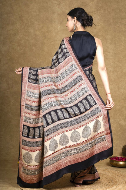 Black Paisley Bagh Hand Block Printed Modal Silk Saree