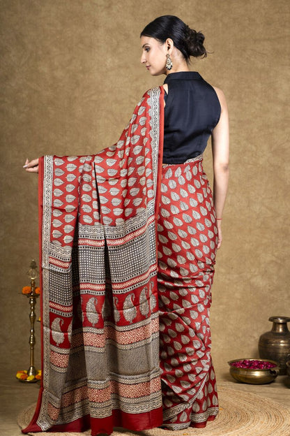 Red Leaf Bagh Hand Block Printed Modal Silk Saree