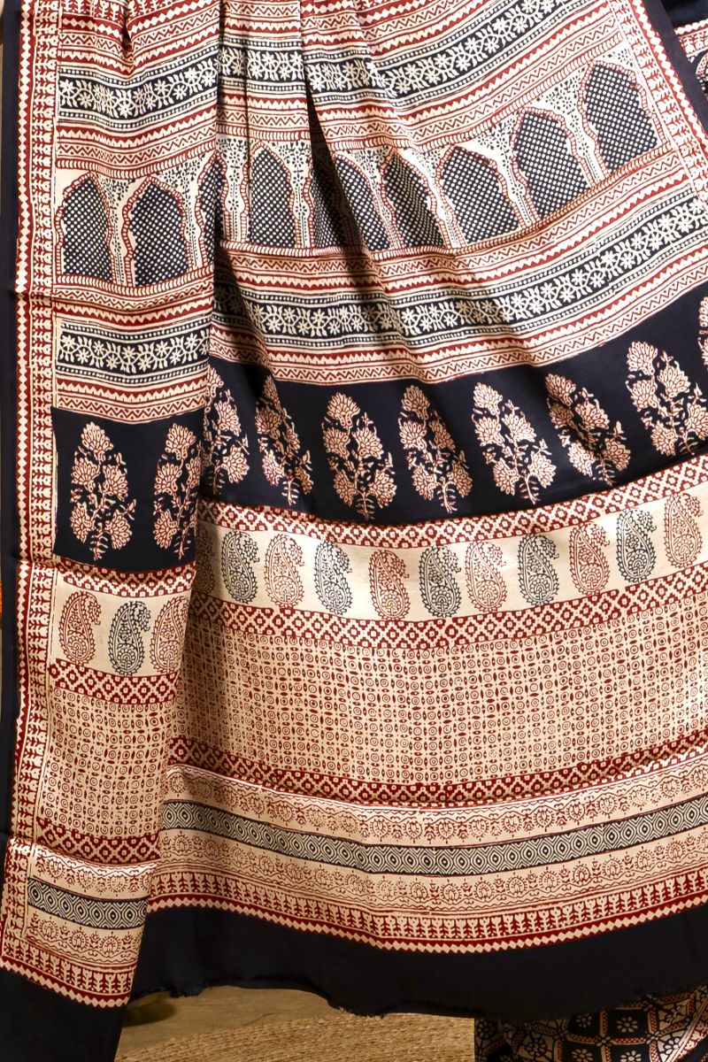 Black & Rust Bagh Hand Block Printed Modal Silk Saree