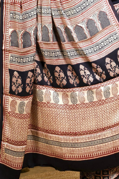 Black & Rust Bagh Hand Block Printed Modal Silk Saree