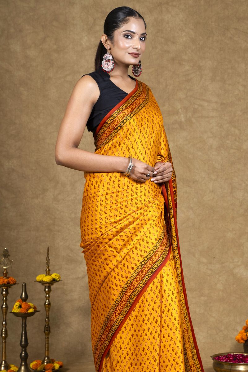 Yellow Buti Bagh Hand Block Printed Modal Silk Saree
