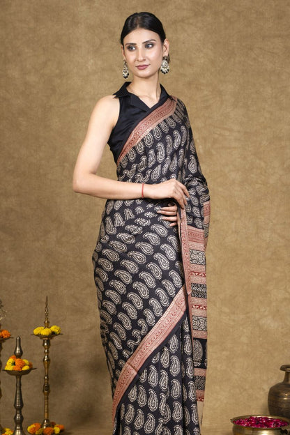 Black Paisley Bagh Hand Block Printed Modal Silk Saree