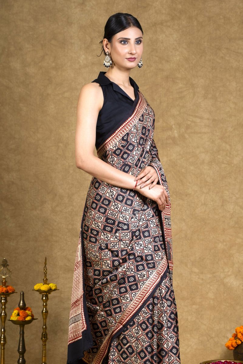 Black & Rust Bagh Hand Block Printed Modal Silk Saree