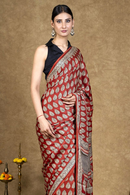 Red Leaf Bagh Hand Block Printed Modal Silk Saree
