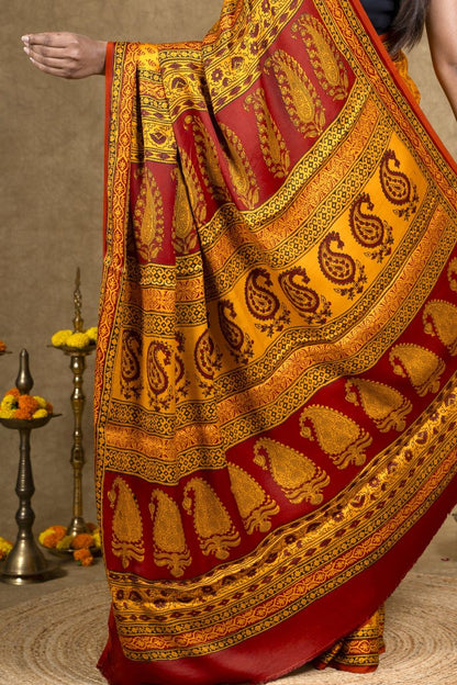 Yellow Buti Bagh Hand Block Printed Modal Silk Saree