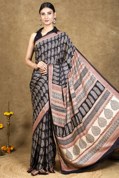 Black Paisley Bagh Hand Block Printed Modal Silk Saree