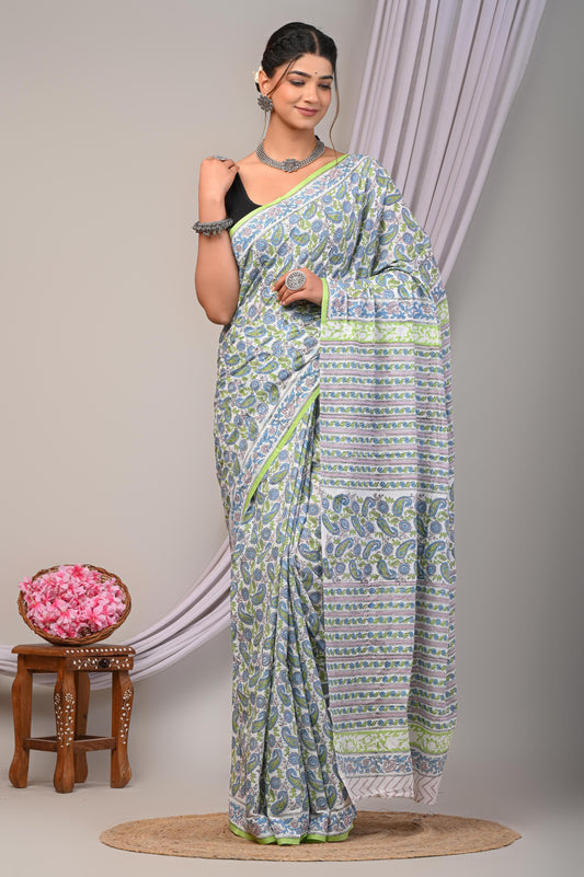 Bagru Cotton Hand Block Printed Saree With Blouse Piece