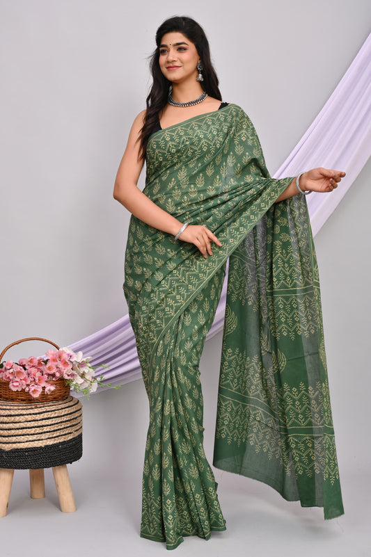 Bagru Cotton Hand Block Printed Saree With Blouse Piece