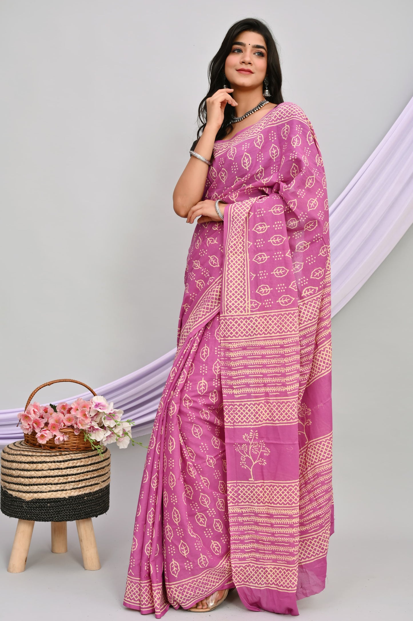 Bagru Cotton Hand Block Printed Saree With Blouse Piece